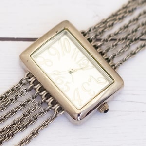 7 inch, Vintage Rectangular Silver Tone Multi Chain Link Watch - S28