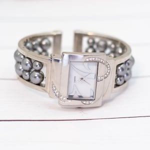 7 inch, Vintage Geometric Square Silver Tone Ball Beads  Watch - S30