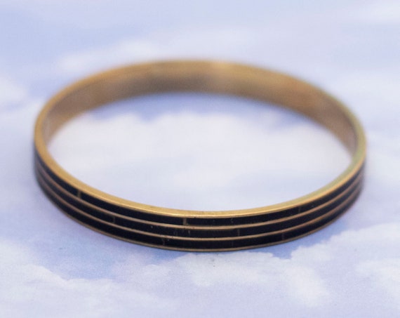 Vintage Minimalist 3-Line Black Stripe Gold-Plate… - image 1