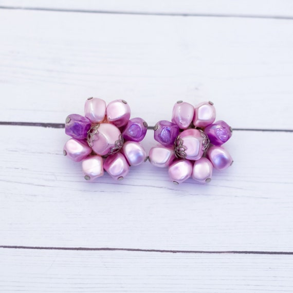 Vintage Pink Faux Gem Stones Clip On Earrings - S3