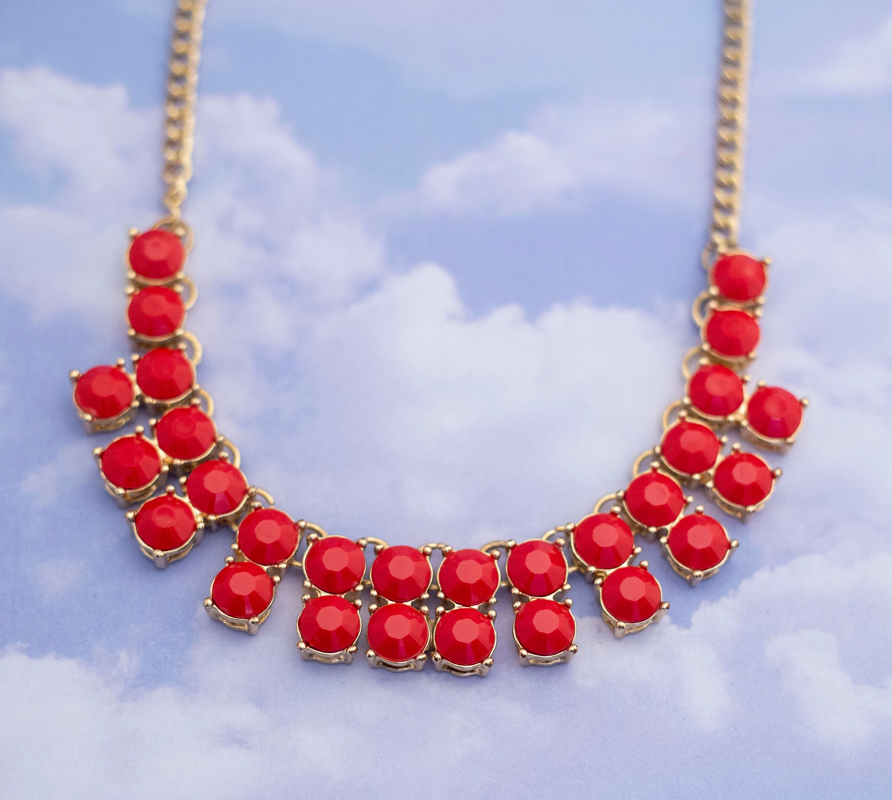 Vintage Statement Gold Tone with Red Stone Bib Necklace 18 Inches - S20