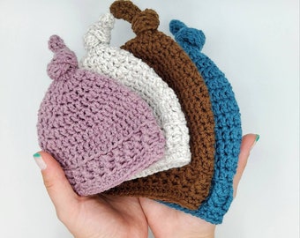 Haakpatroon babymutsje met hoge knoop | Preemie | Pasgeboren | 3 maanden | Muts voor 6 maanden