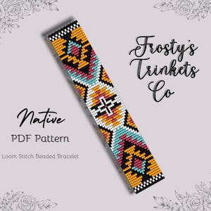May include: A colorful beaded bracelet with a Native American inspired pattern. The bracelet is made with black, yellow, white, pink, and blue beads. The text "Native PDF Pattern Loom Stitch Beaded Bracelet" is below the bracelet. The text "Frosty's Trinkets Co" is in the upper right corner of the image.