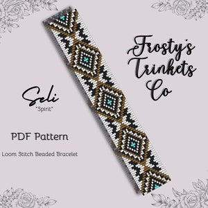 May include: A PDF pattern for a loom stitch beaded bracelet with a geometric design in brown, white, black, and turquoise. The pattern is titled "Soli "Spirit" PDF Pattern Loom Stitch Beaded Bracelet" and is from Frosty's Trinkets Co.