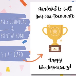 Agradecido de llamarlo nuestro compañero de equipo, Happy Workaversary 5x7 en tarjeta, aniversario de trabajo de compañeros de trabajo y empleados. Gracias, agradecimiento, workiversary.