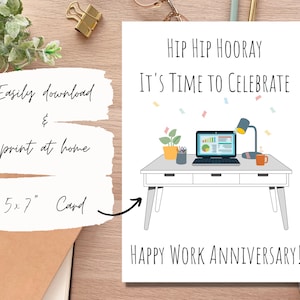 ¡Aniversario de trabajo, compañero de trabajo, compañero de equipo, oficina, tarjeta de la empresa, nota de impresión de descarga digital de 5 x 7 pulgadas! Es hora de celebrar.