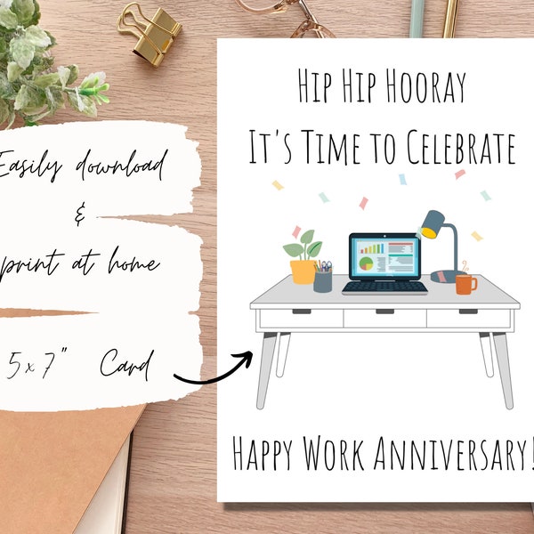 Hip Hip Hooray Work Anniversary, Coworker Teammate Office Company Card 5x7 inch digital download print note, It's Time to Celebrate