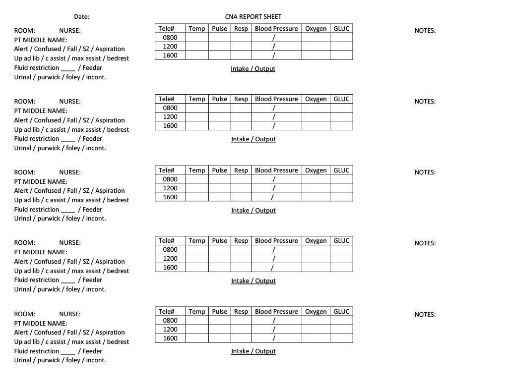 Nursing Assistant Free Cna Report Sheet Templates