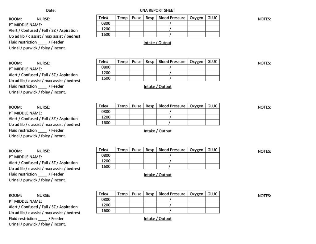 Free Cna Report Sheet Templates Printable Form Templates And Letter