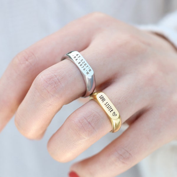 Plate ring with engraving | Personal gift | Stainless Steel | Silver, Gold | Ring with coordinates