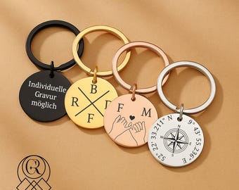 Personalisierter Schlüsselanhänger rund | Gravur mit Kompass, Koordinaten, Fingerschwur oder Initialen | Edelstahl in 4 Farben
