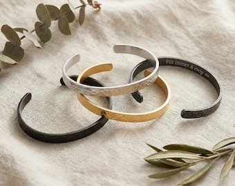 Personalisierter Armreif gehämmert mit Innengravur | Edelstahl Armband | 5mm | Gold Silber Schwarz | Partnerarmband Damen Herren