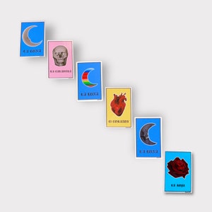 Custom lotería 3” vinyl stickers, La luna, La calavera, El corazon, La rosa