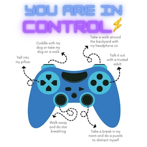 以下が含まれることがあります： 白い背景に黒いボタンが付いた青いビデオゲームコントローラー。画像の上部には「YOU ARE IN CONTROL」というテキストがあります。矢印は、難しい感情に対処するためのさまざまな対処法を指しています。たとえば、「犬と抱きしめ合う」、「裏庭を散歩する」、「枕に叫ぶ」、「信頼できる大人と話す」、「立ち去って星呼吸をする」、「部屋で休憩してパズルをして気を紛らす」などです。