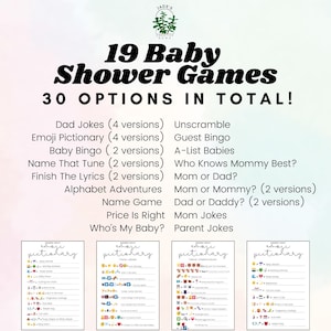 May include: A printable baby shower game set with 19 different game options, including Emoji Pictionary, Baby Bingo, and Dad Jokes. The games are printed on white paper with black text and some emoji graphics.