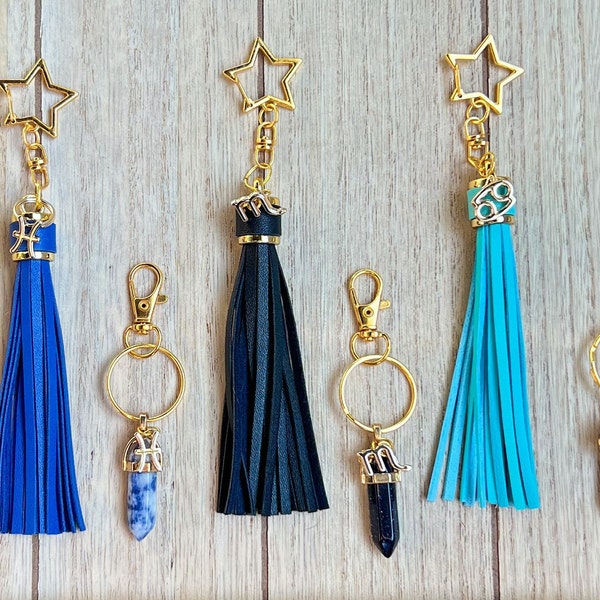 Water Sign Astrology Key Chains: Zodiac Charms w/ Tassel & Crystal Options (Pisces, Scorpio, Cancer)