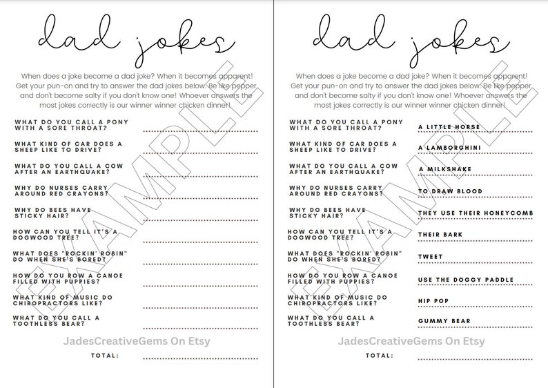 Dad Joke Baby Shower Game Instant Download W/ Worksheet & Answer Key