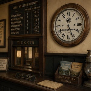 May include: A vintage train station ticket counter featuring a Great Western Railway departure board, a round wall clock labelled Bridgnorth, a ticket window, a wooden brochure rack with travel booklets, and a metal lantern on a dark wooden surface.