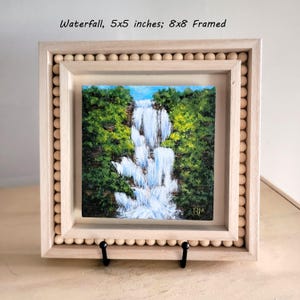 Waterfall, Acrylic Painting (5x5 inches; 8x8 framed, on wood panel)