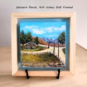 Western Ranch, Acrylic Painting (4x4 inches, 6x6 framed on wood panel)