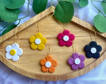 Daisy Earrings + Flower earrings + Hoop Earrings + Summer +Polymer Clay + lightweight + Dangle drop earrings + Modern Jewelry+ Bold Jewelry