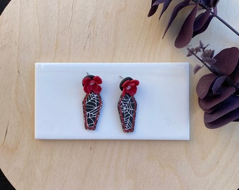 Coffin earrings+ Skeleton coffin + Floral coffin + spider web coffin+ halloween earrings+ Polymer clay earrings+ Black and red+ black white