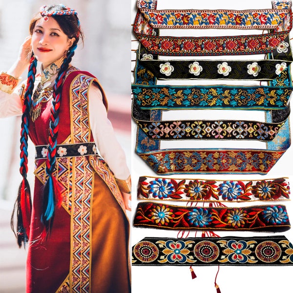 Ropa tibetana de estilo étnico con sello de cintura de ancho de banda, bata con cadena de cintura, bordado retro, estilo nacional para mujer