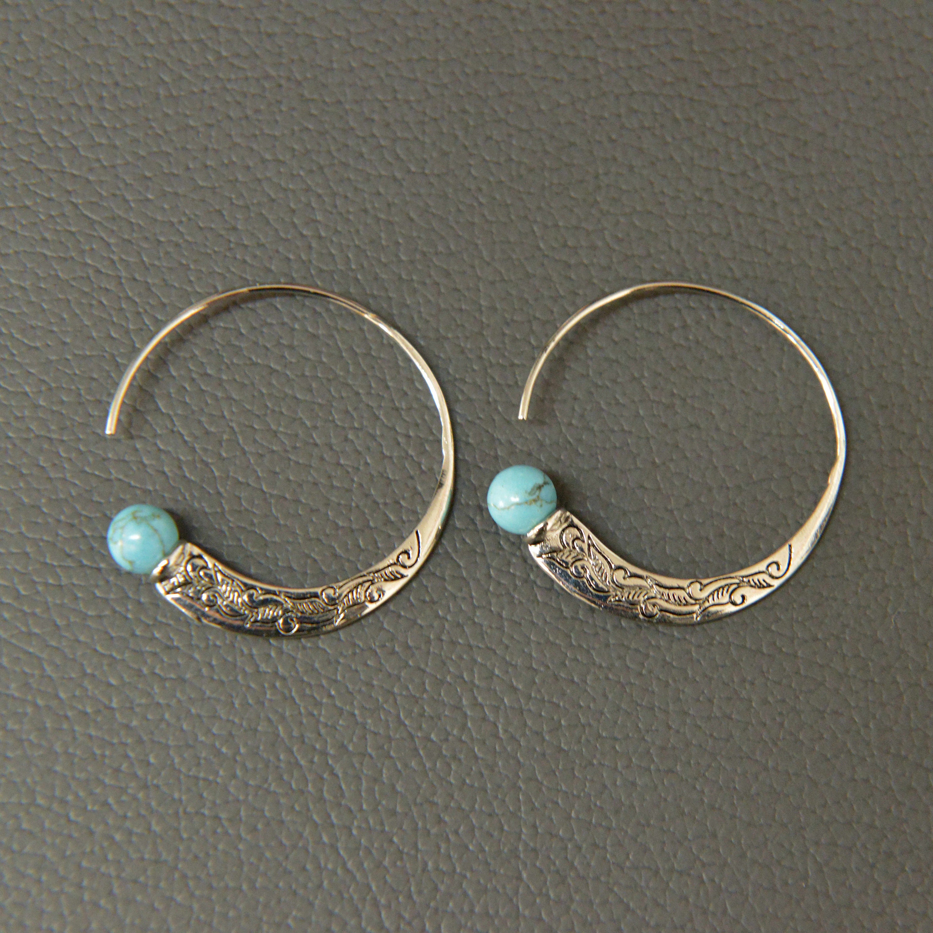 Boucles D'oreilles Pendantes Tibétaines - Argent Tibétain Et Turquoise Reconstituée - Dormeuses - Style Ethnique