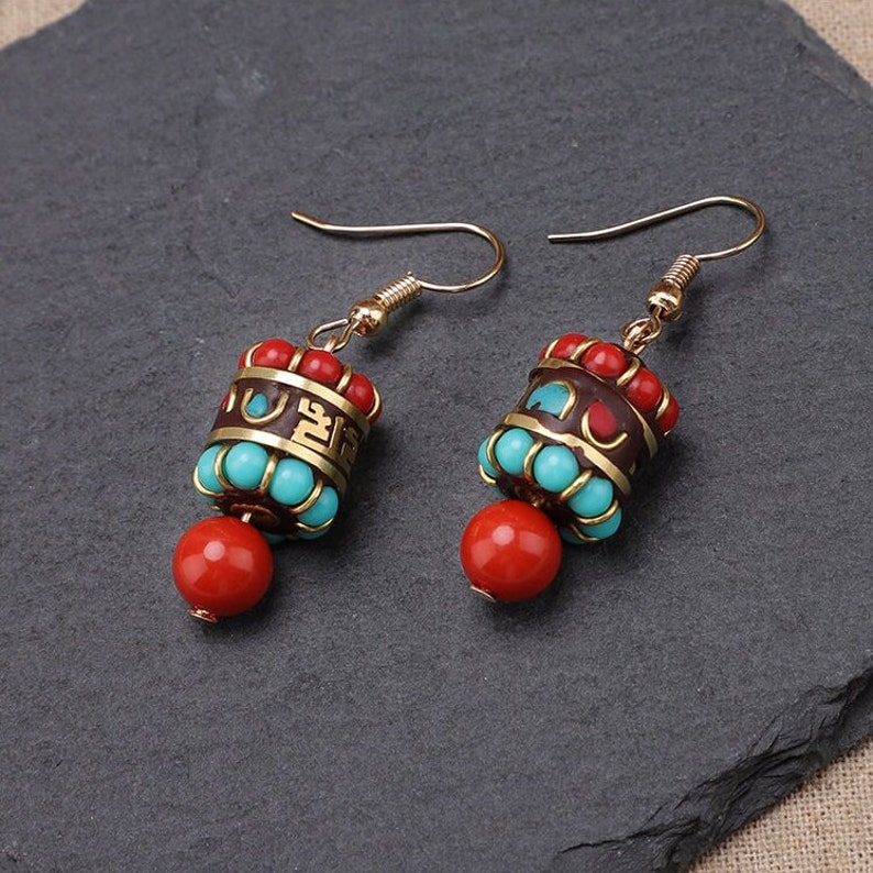 Tibetan Style Handmade Turquoise Earrings 925 Sterling Silver Ear Hooks Niche Retro Ethnic Style Jewelry