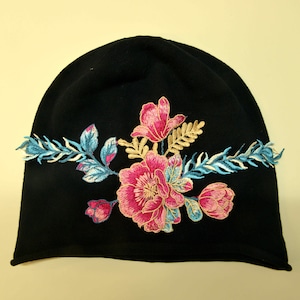 Embroidered Floral Black Knit Hat - Versatile Bun Cap