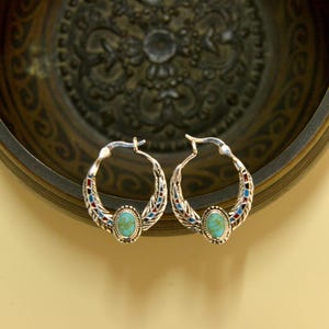 Blue 925 Silver Vintage Ethnic Style Feather Enamel Turquoise Earring Literature Tibetan Earrings