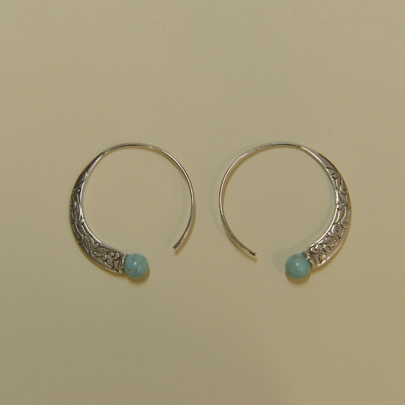 Boucles D'oreilles Tibétaines En Argent Alliage Et Turquoise Reconstituée - Style Ethnique