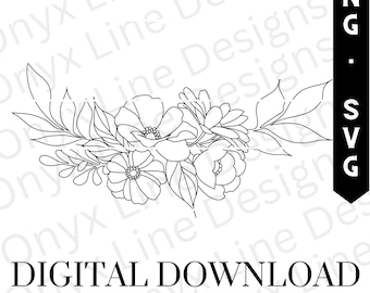 May include: A black and white line drawing of a floral bouquet with leaves and flowers. The flowers are stylised and have a simple design.
