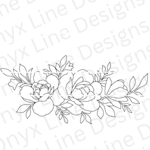 May include: A black and white line drawing of a floral bouquet with three large flowers and several smaller flowers and leaves.
