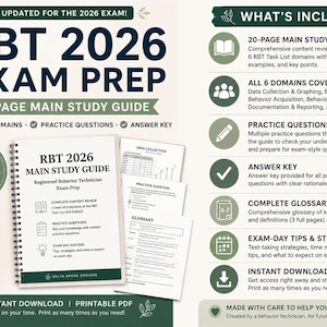 Puede incluir: Guía de estudio RBT 2026 Exam Prep en formato de espiral. El documento incluye una guía principal de 20 páginas, preguntas de práctica, una clave de respuestas, un glosario y consejos para el día del examen. Cubre los 6 dominios de tareas RBT, incluyendo recolección de datos, evaluación, adquisición y reducción de conducta, documentación y ética.