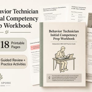 May include: A Behaviour Technician Initial Competency Prep Workbook with 18 printable pages, featuring a cover illustration of a person at a desk, guided review and practice activities, and text detailing independent ABA skill-practice guidance.