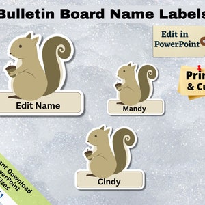 Squirrel, Editable Student Name Tags PRINTABLES, Classroom Bulletin Board Décor, Door Name Labels Bunting, Sticker sheet template