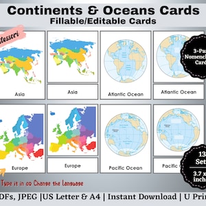 Continents Oceans Flashcards Printable, Editable Montessori Nomenclature 3-Part Cards with Life-like Pictures Visual Learners Preschool toys