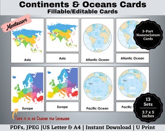 Continents and Oceans Montessori Cards: Printable Geography Flashcards (Editable)