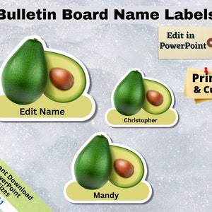 Könnte beinhalten: Satz mit drei bedruckbaren Namensschildern mit Avocado-Illustrationen. Die Schilder sind in PowerPoint bearbeitbar und können in drei Größen gedruckt werden. Der Text auf den Schildern lautet "Edit Name", "Christopher" und "Mandy".