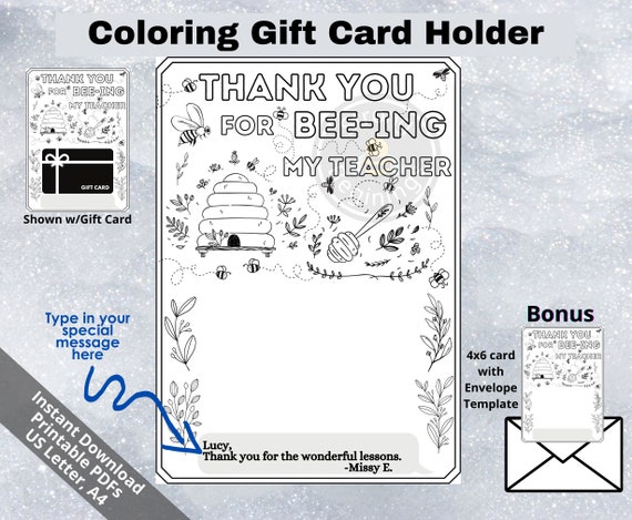 Thank You Coloring Gift Card Holder PRINTABLE Teacher Thank - Etsy