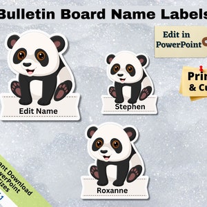 May include: Three printable panda name tags with editable text boxes. The pandas are black and white with brown eyes. The text on the tags reads "Edit Name", "Stephen", and "Roxanne".