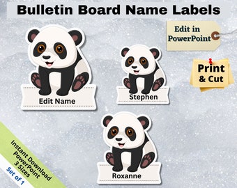 Panda sitting, Editable Student Name Tags PRINTABLES, Classroom Bulletin Board Décor, Door Name Labels Bunting, Sticker sheet template