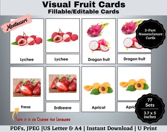 Fruits Flashcards: Montessori 3-Part Cards with Real Pictures (Printable Editable)
