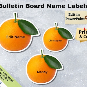 Könnte beinhalten: Drei orangefarbene Frucht-Namensschilder mit grünen Blättern. Die Namensschilder sind in PowerPoint bearbeitbar und können ausgedruckt und ausgeschnitten werden. Die Namen auf den Schildern sind "Edit Name", "Christopher" und "Mandy".