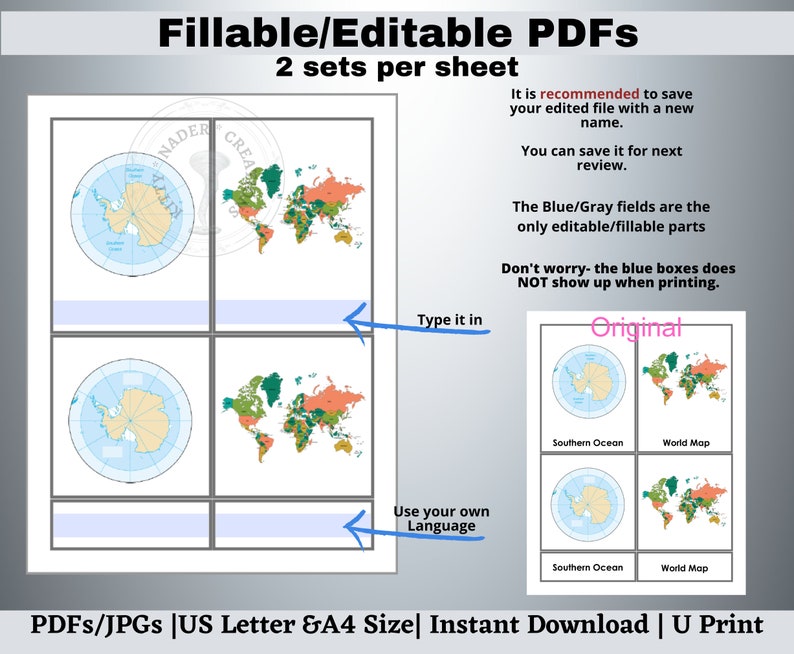 Continents Oceans Flashcards Printable, Editable Montessori ...
