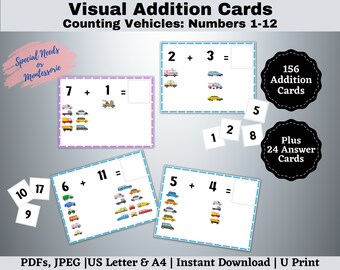 Visual Addition Flash Cards: Counting Vehicles 1-12 (Printable PDF)
