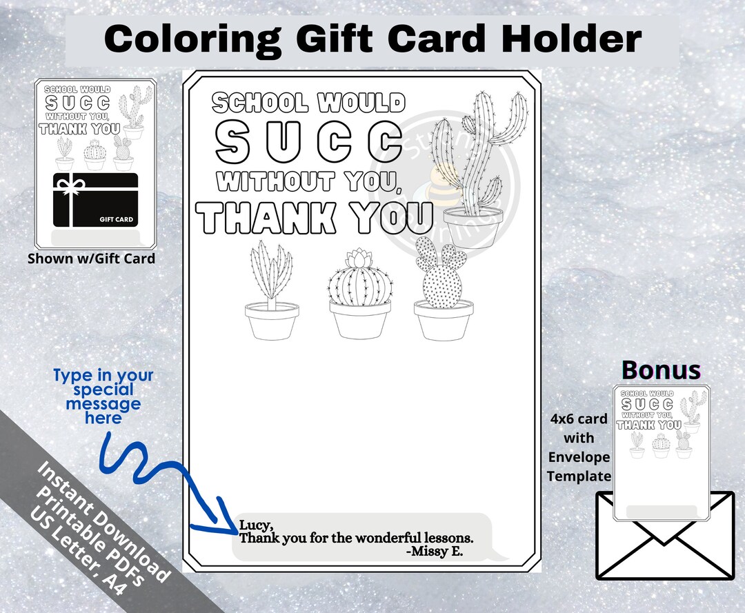 Thank You Coloring Gift Card Holder Printable Teacher Thank - Etsy