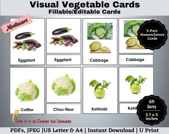 Vegetable Flashcards: Montessori 3-Part Cards with Real Pictures (Printable Editable PDF)