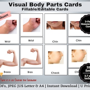 Body Parts Flashcards Printable, Editable Montessori Nomenclature 3-Part Cards, Special Needs with Real Pictures, Visual Learners, Preschool
